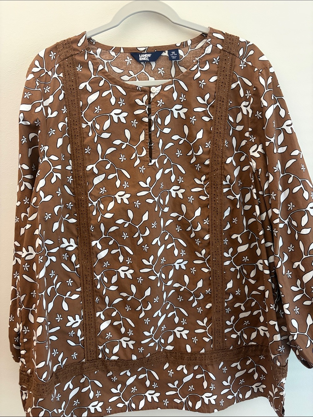 Land’s End 100% Cotton Boho Pop-Over Brown Floral Peasant Tunic Top Size 1X - Picture 3 of 13